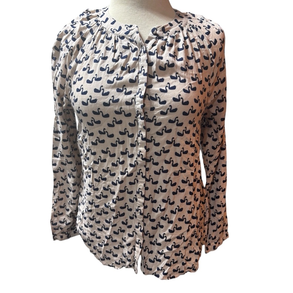 Boden Swan Print Button Down Blouse Navy Cream‎ Viscose Womens US 6 UK 10 #277